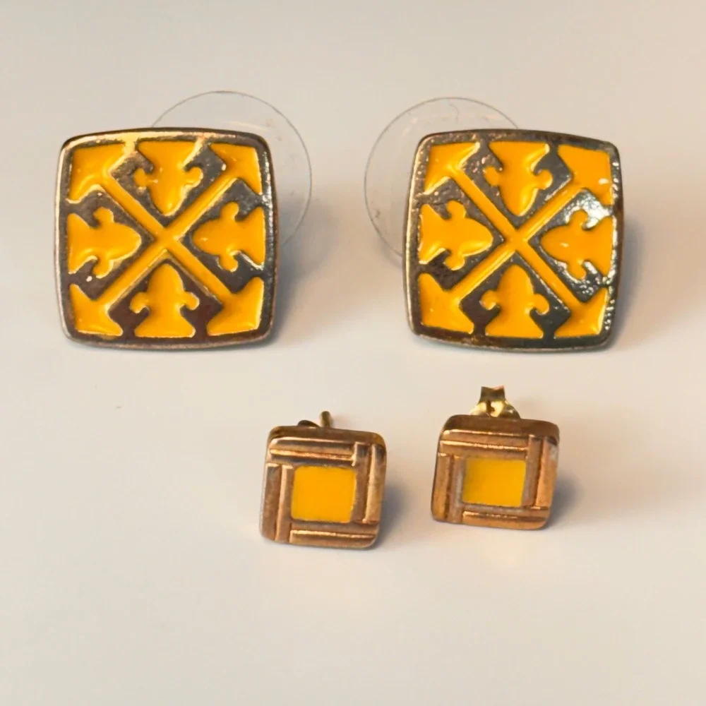 Square Stud Earrings Yellow Gold Tone Enamel Geometric Boho Statement Set 2 Pair
